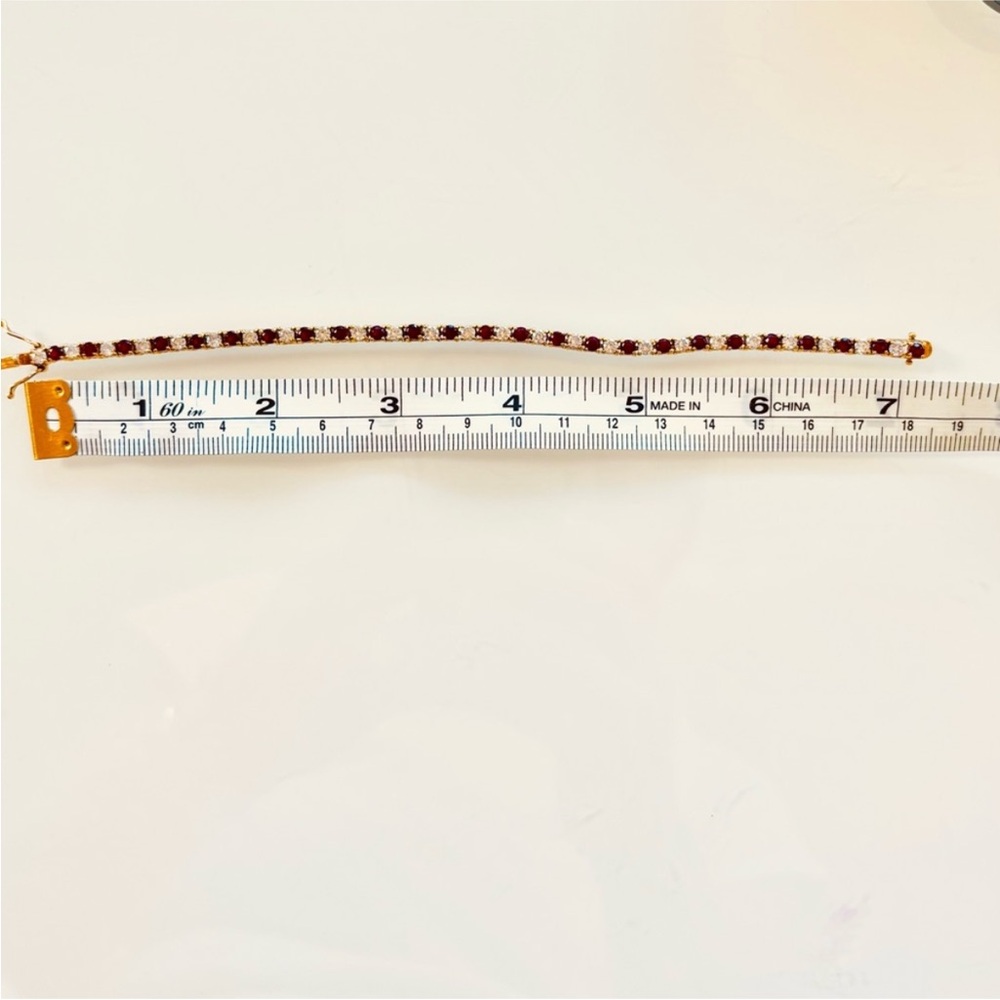 Tennis Bracelet with Simulate Ruby Gemstones and CZ Diamonds 14K Gold/Sterling - Picture 8 of 11
